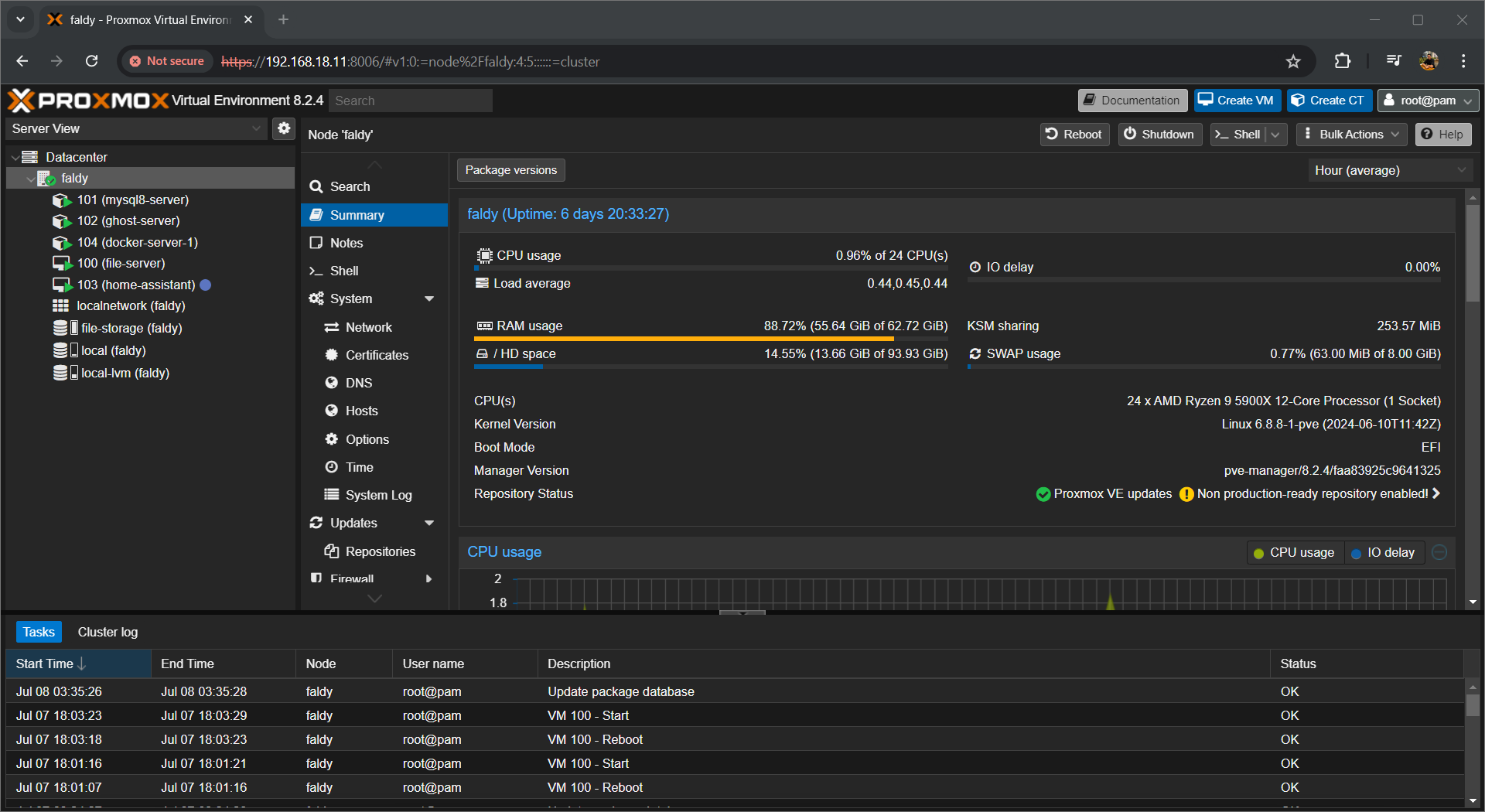 Proxmox VE server node showing all VMs